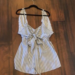 Blue and white striped romper.